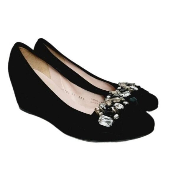 FERCA 81 Italy Jeweled Gem Suede Wedges Heels Black Shoes Sz 8.5 / Eur 39 - Picture 1 of 16